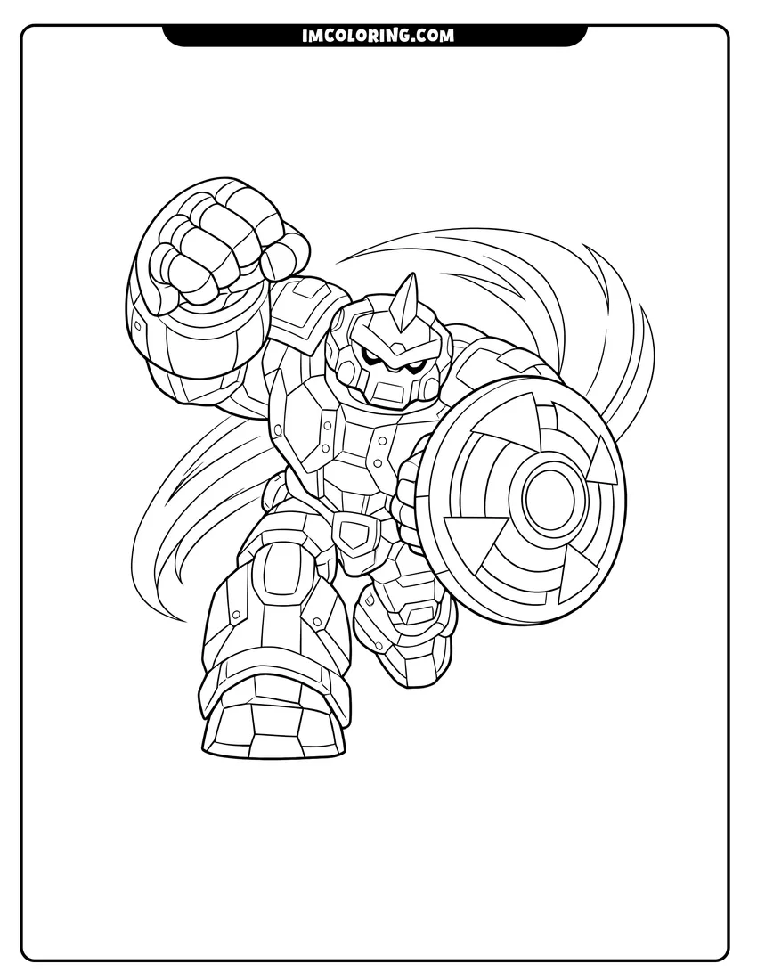Coloring sheet of Armored Bakugan Gorem with shield charging for kids