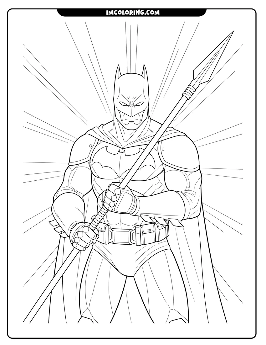 Printable coloring page featuring Heavily armored Batman holding a long spear