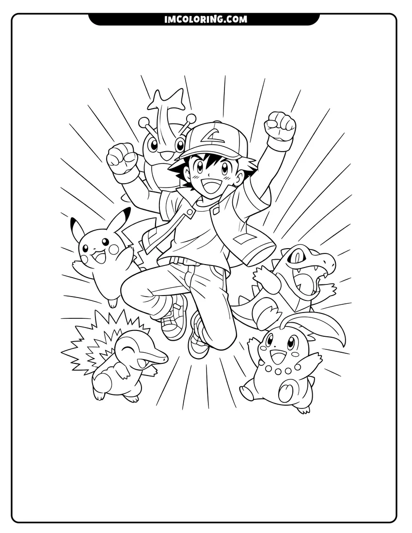 Illustration of Ash Ketchum leaping with Johto Pokémon team ready for painting