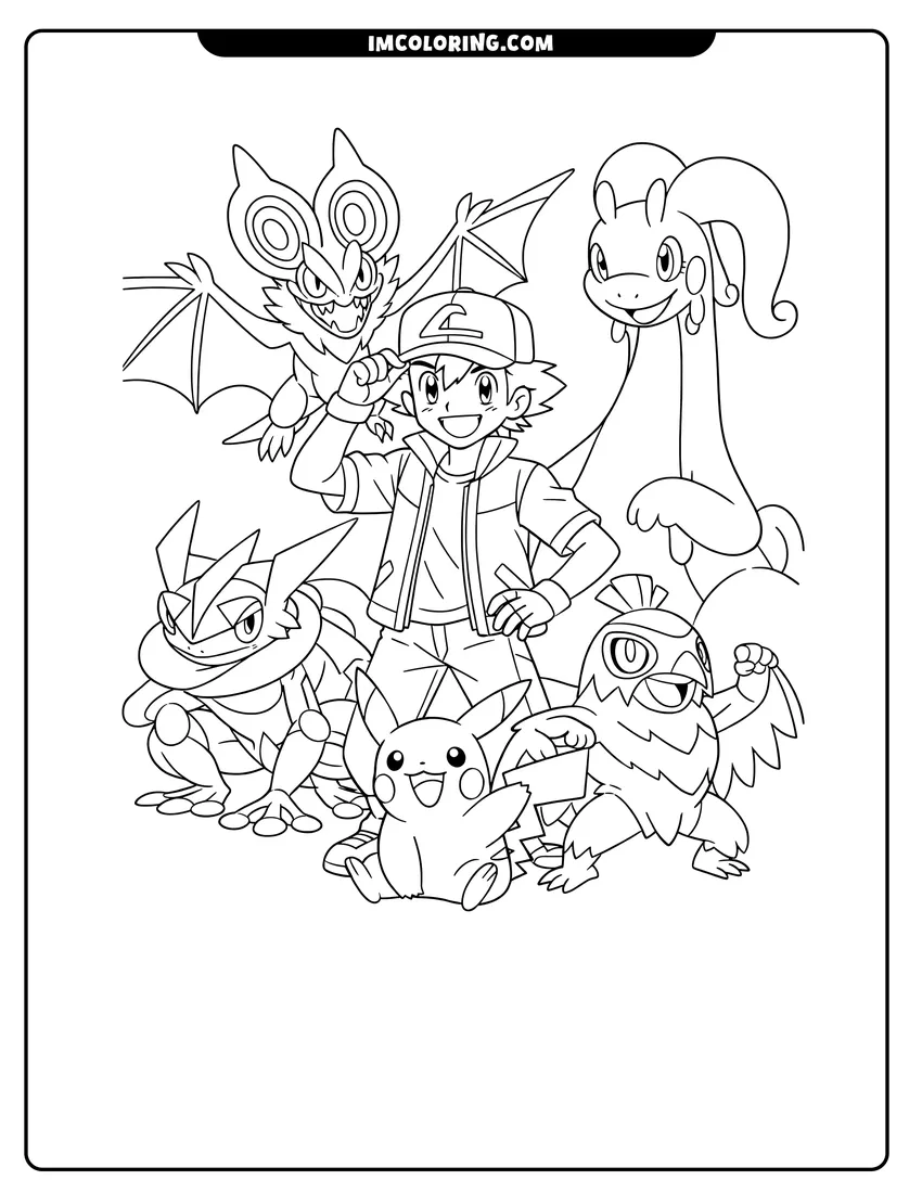 Cute Ash Ketchum with Greninja and Kalos Pokémon outline for coloring