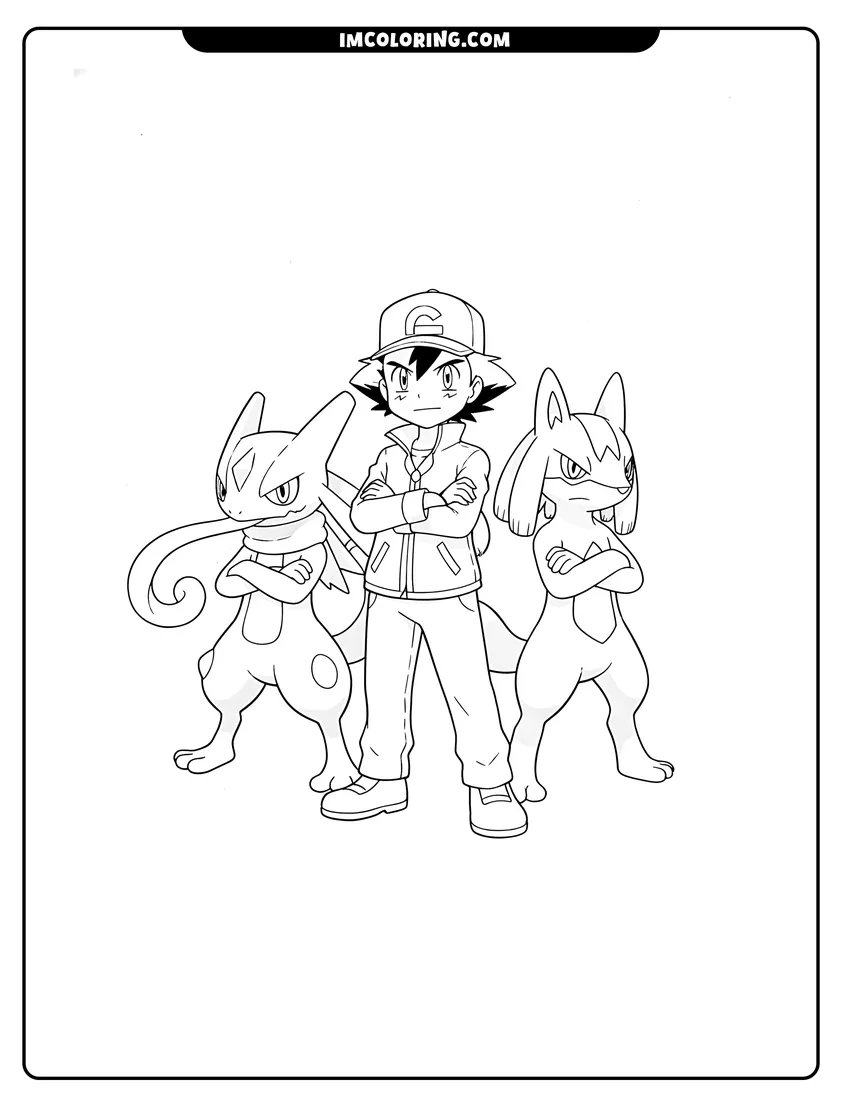 Scene showing Ash Ketchum standing with Greninja and Lucario to color