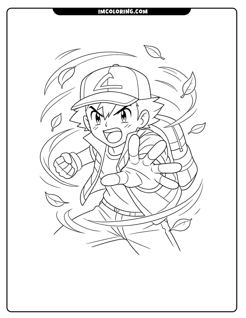 Printable Ash Ketchum shouting in a dynamic battle pose coloring activity