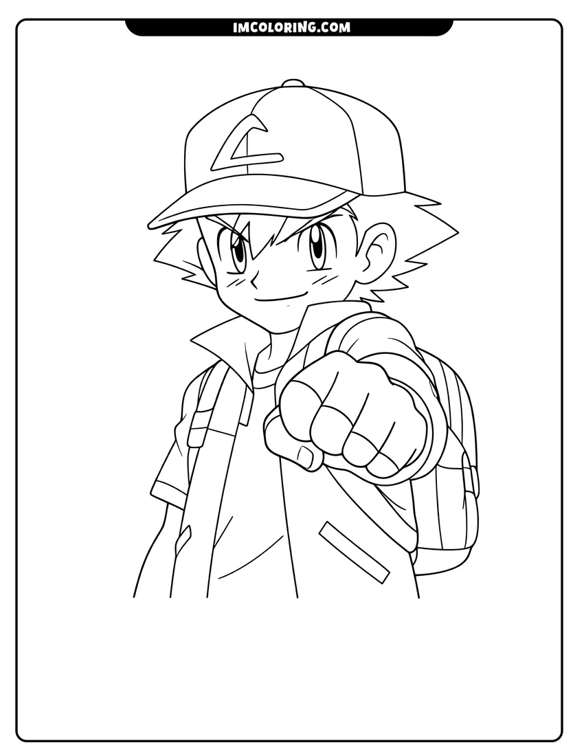 Ash Ketchum with fist up ready to fight coloring page for preschoolers
