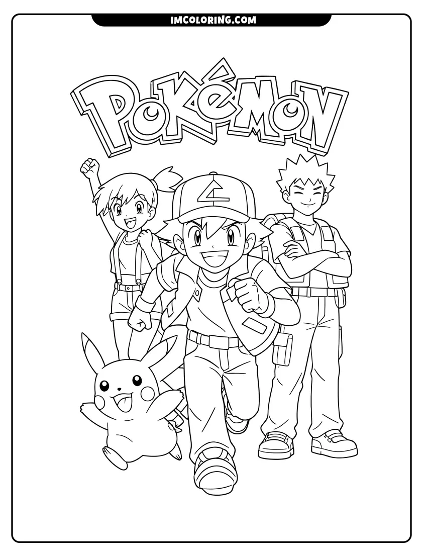 Outline of Ash Ketchum running with Pikachu Misty and Brock on a white background