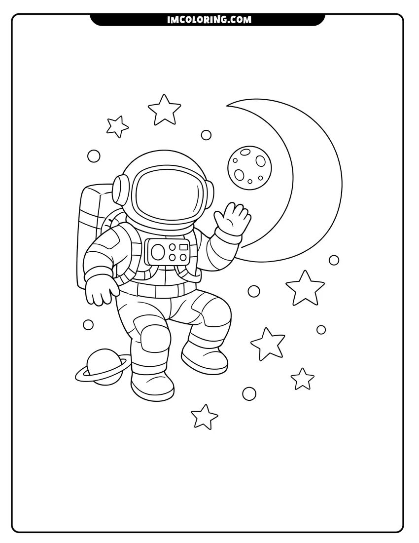 Outline of Astronaut floating in space next to a crescent moon on a white background