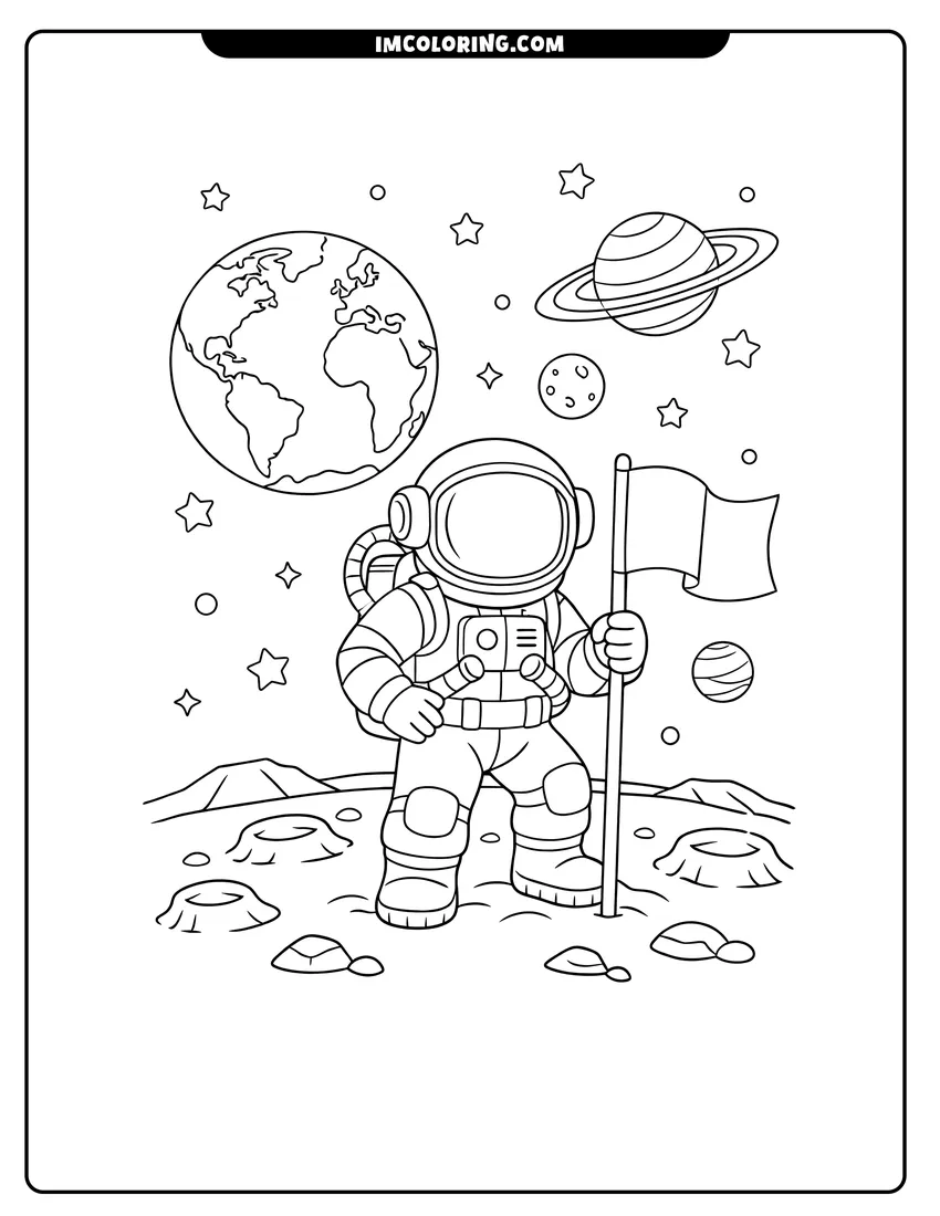 Simple sketch of Astronaut holding a flag on the moon with planets for children