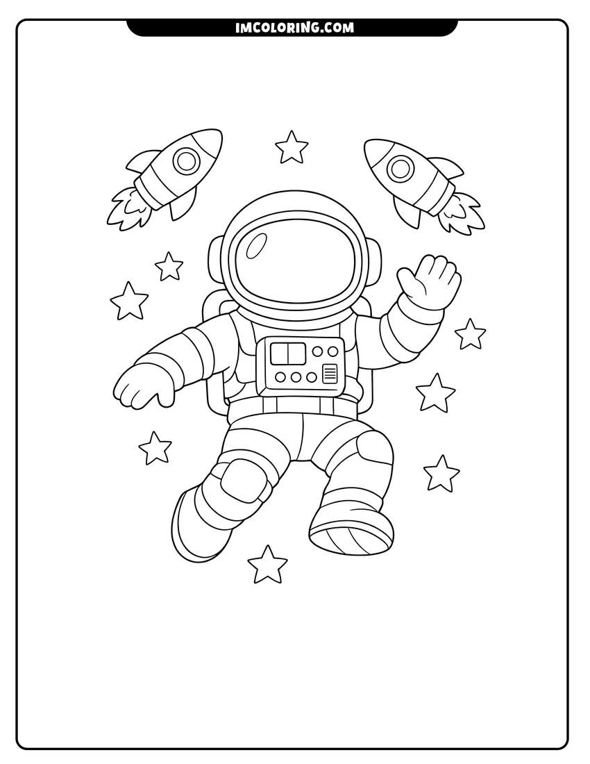 Detailed Astronaut in a bulky spacesuit floating in space design for coloring