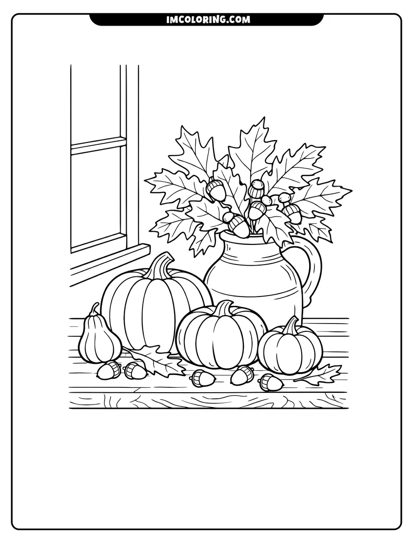 Line art depicting Fall still life with pumpkins and acorns