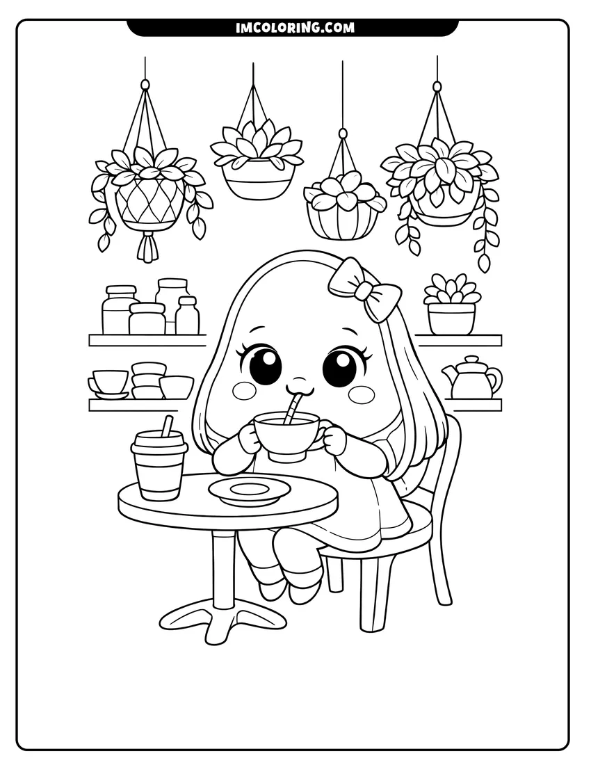 Printable coloring page featuring Happy avocado character drinking tea at a cafe table