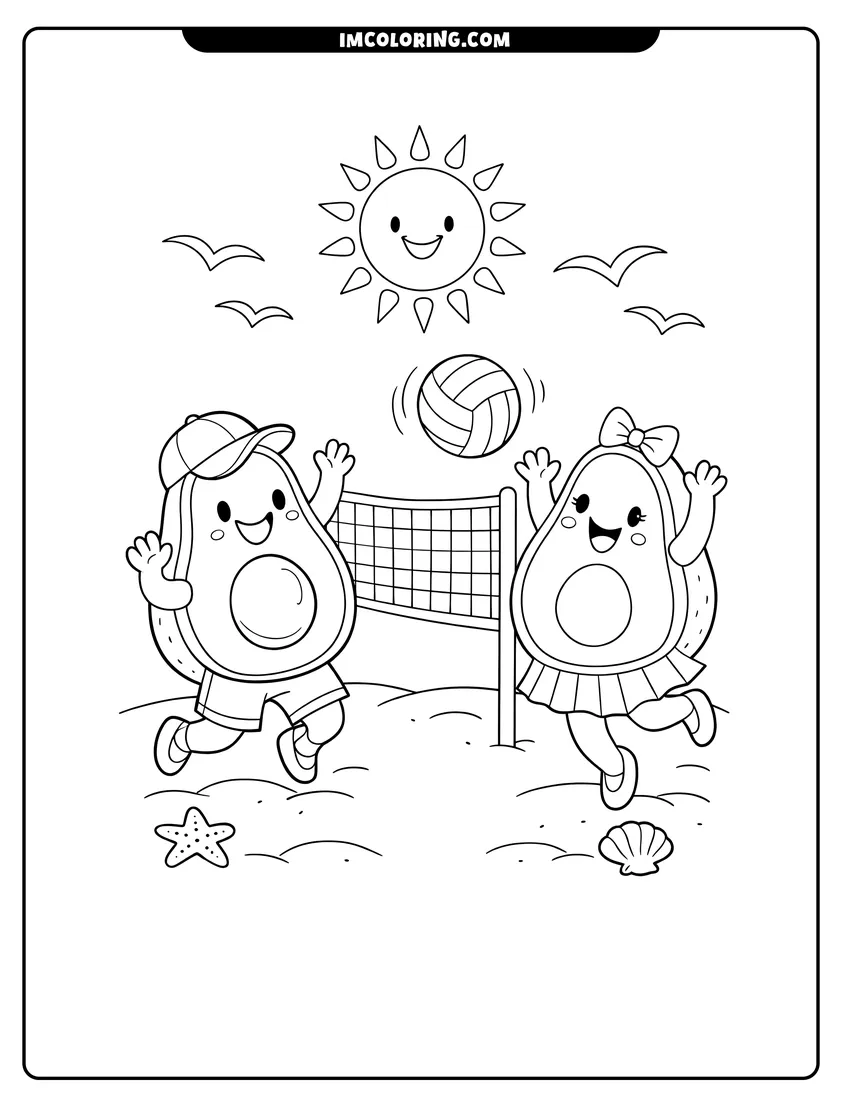 Printable outline of Two avocados playing volleyball on a sunny beach