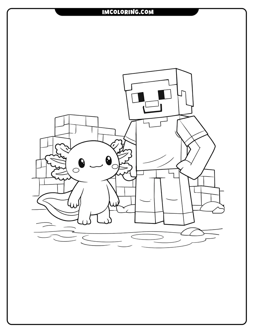 Illustration of Axolotl standing next to Minecraft Steve ready for painting