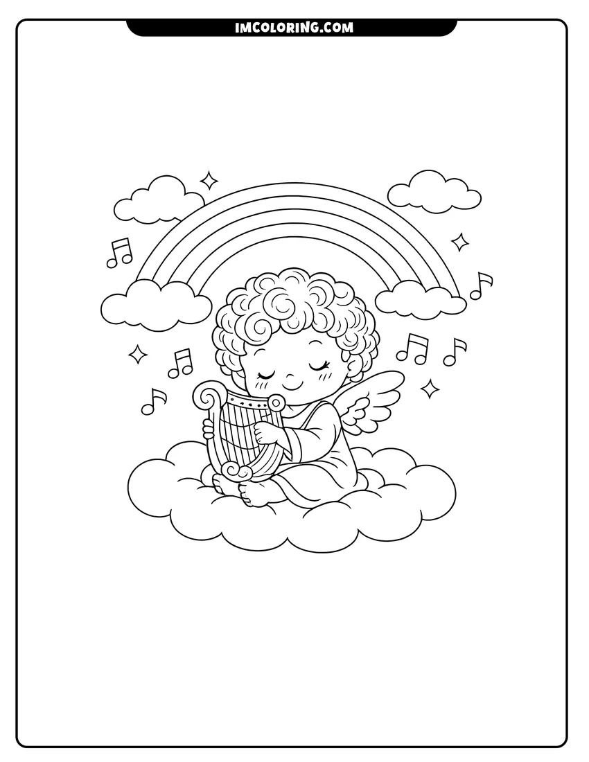 Detailed Baby angel playing a harp on a cloud rainbow design for coloring