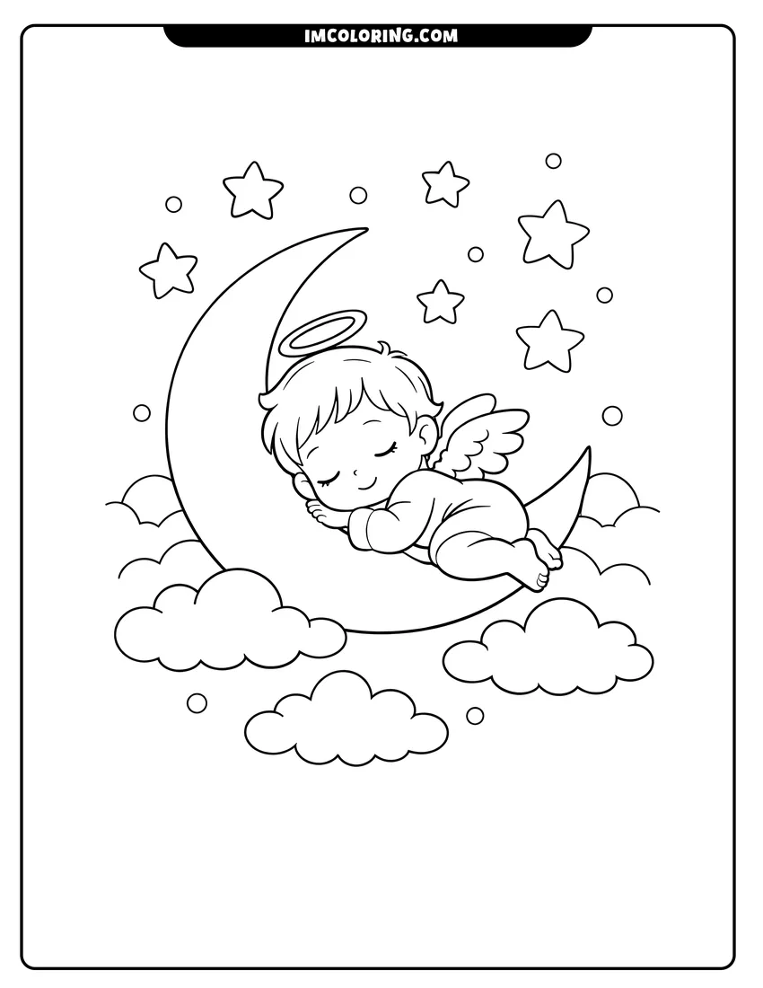 Scene showing Baby angel sleeping on a crescent moon in the sky to color