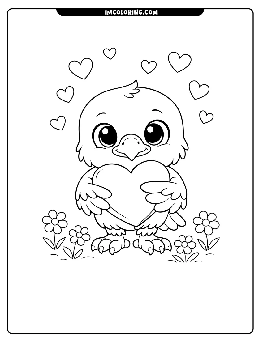 Detailed Baby bald eagle holding a love heart design for coloring