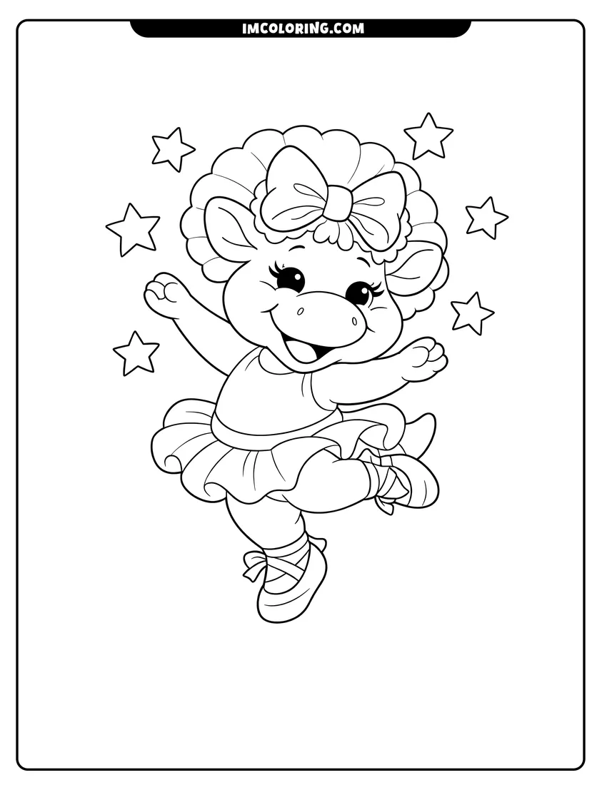 Black and white Kawaii Baby Bop dancing with stars coloring sheet