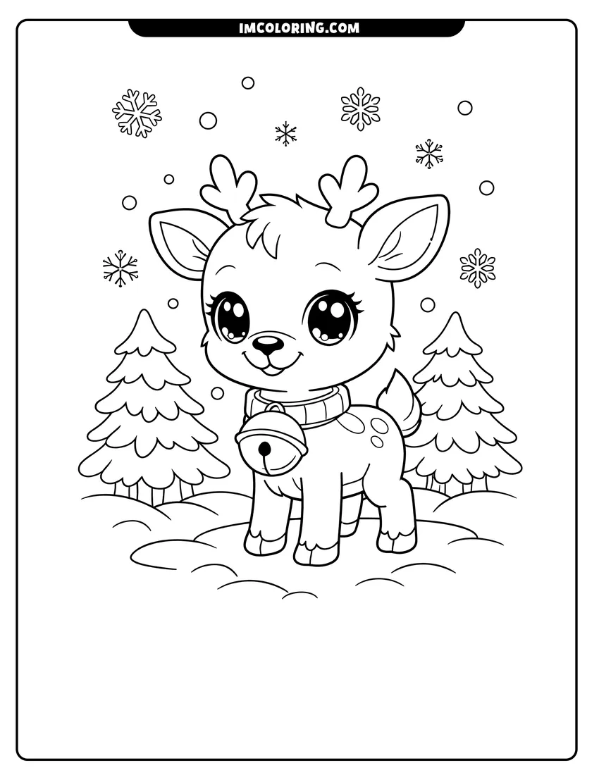 Black and white Baby reindeer in snow wearing a large jingle bell coloring sheet
