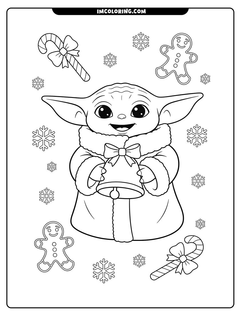 Kawaii style Baby Yoda holding a jingle bell with candy canes coloring picture