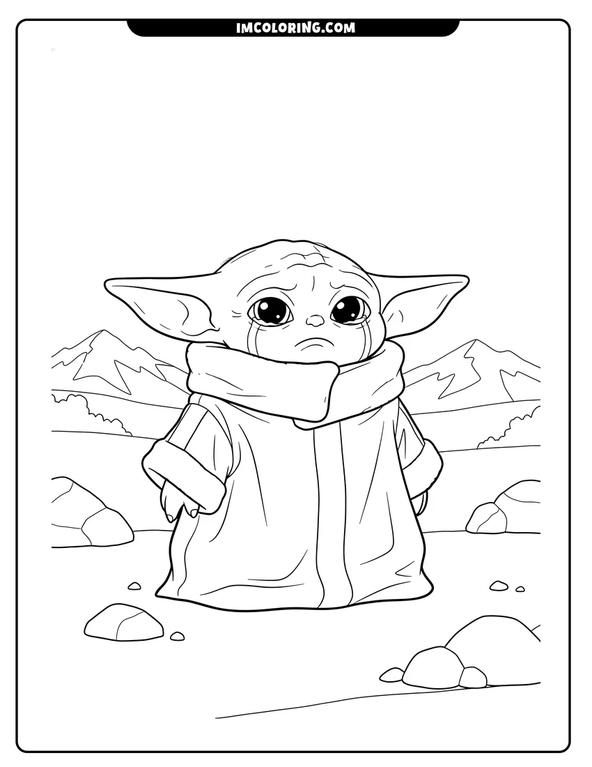 Black and white Baby Yoda with a pouting upset expression coloring sheet