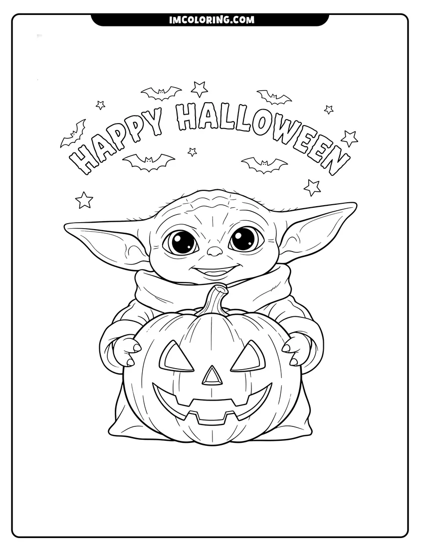 Detailed Baby Yoda holding a Halloween jack-o-lantern design for coloring