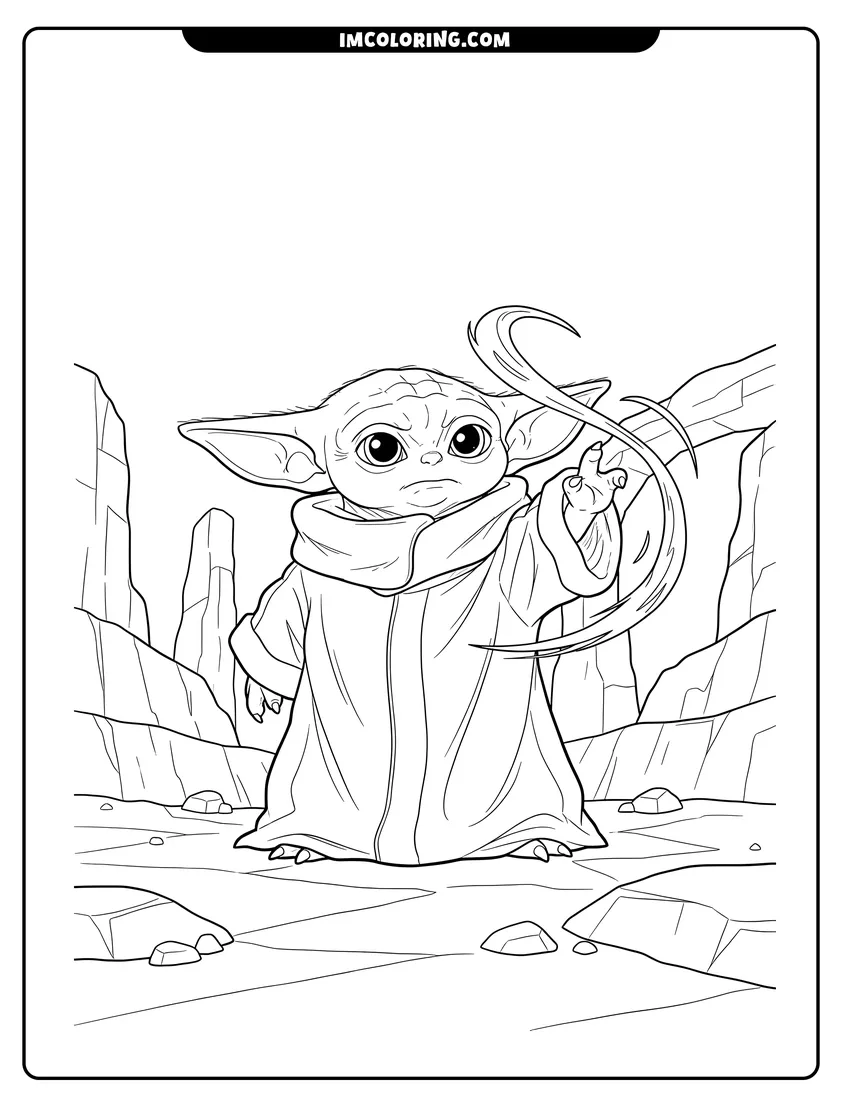Black and white Baby Yoda using the Force in a canyon coloring sheet