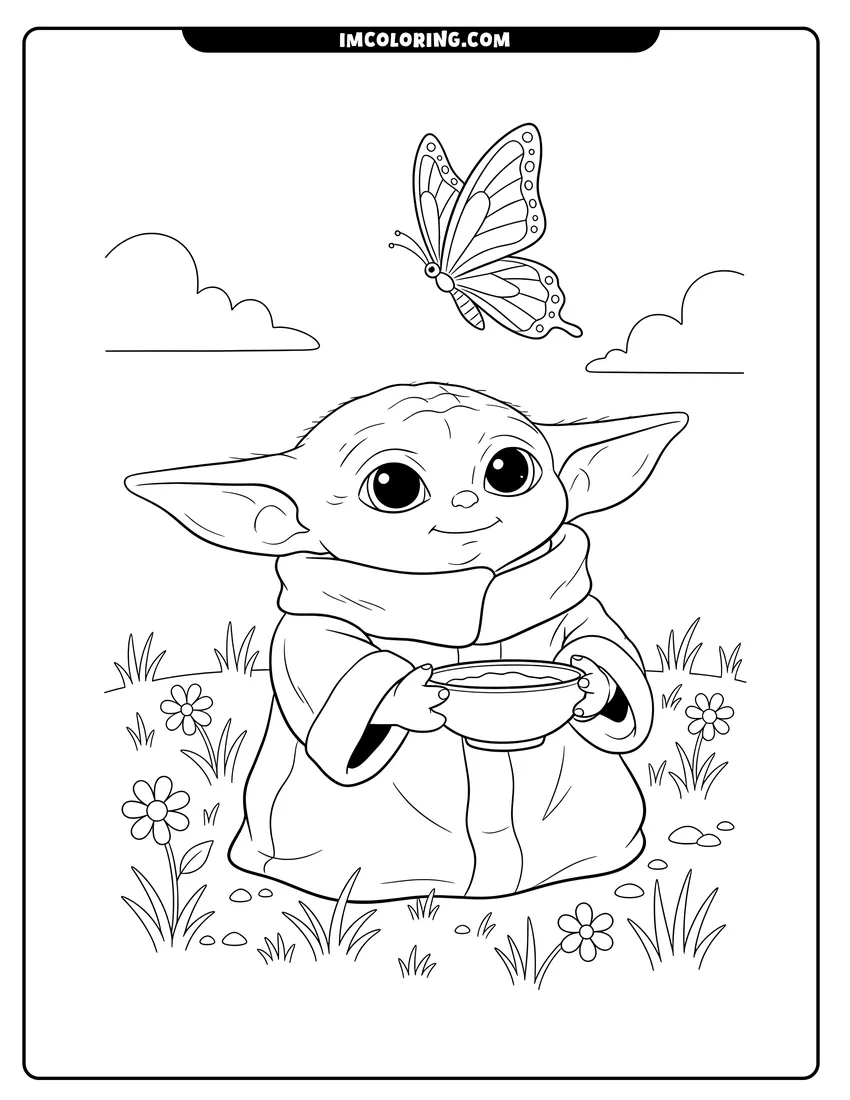 Printable Baby Yoda looking at a butterfly in a field coloring activity