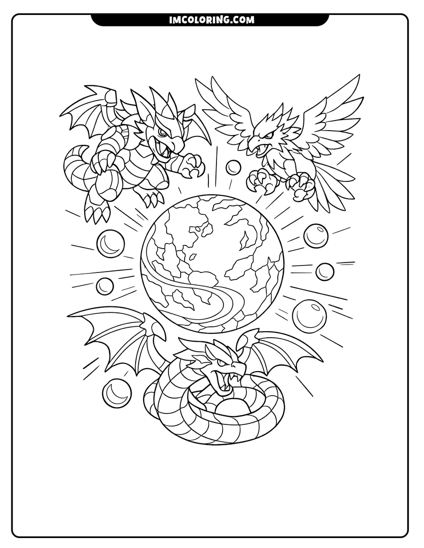 Outline of Bakugan creatures flying around planet Vestroia on a white background