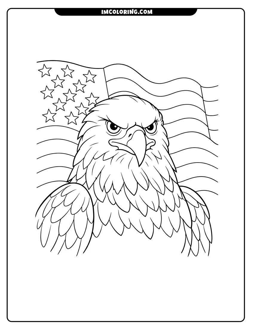 Kawaii style Bald eagle profile with the US flag coloring picture