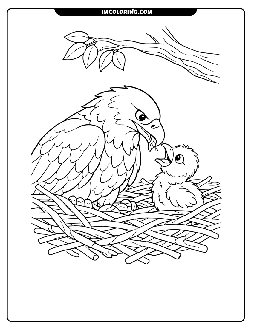 Simple sketch of Bald eagle feeding a chick in a nest for children