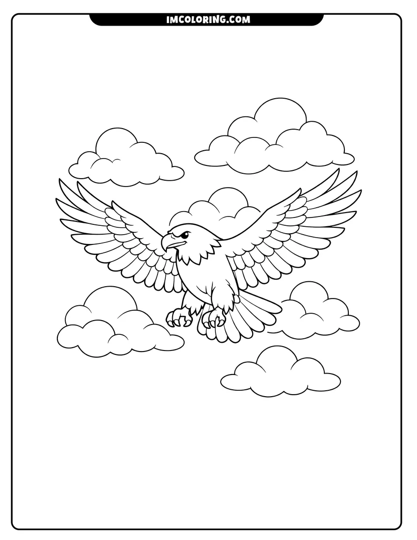 Scene showing Bald eagle soaring through a cloudy sky to color