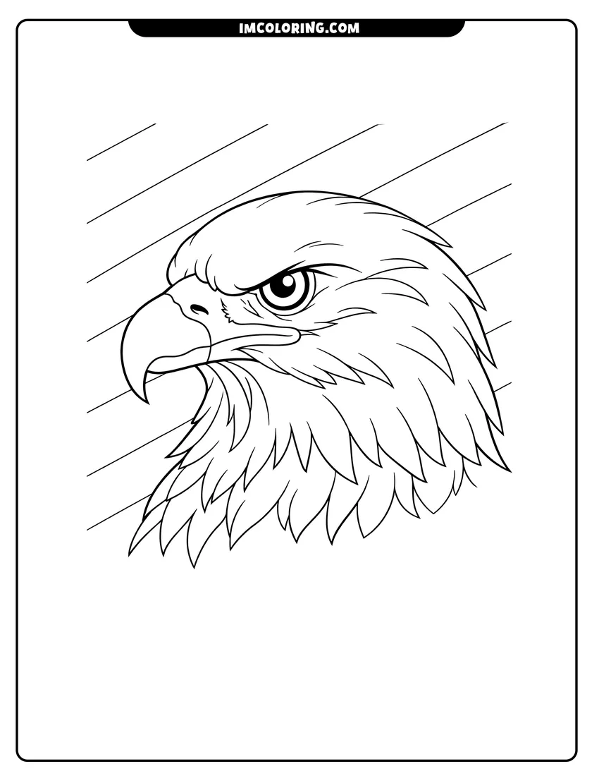 Kawaii style Bald eagle head profile with diagonal stripe background coloring picture