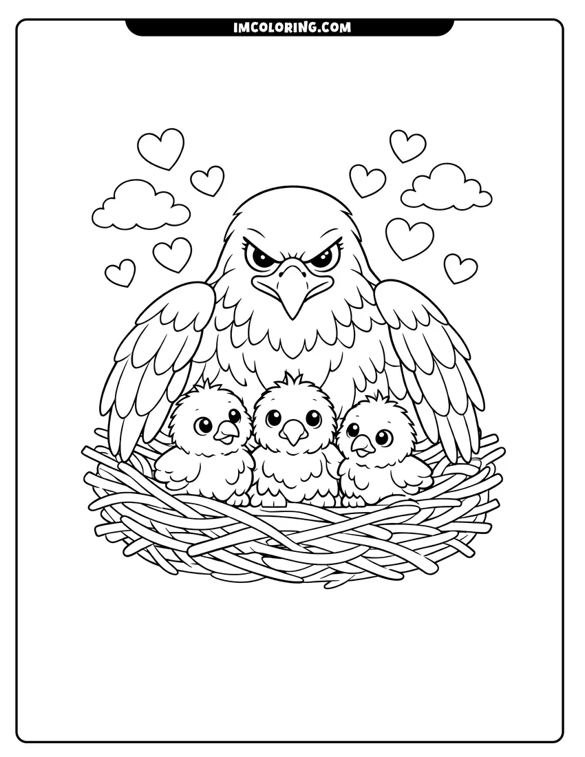 Mother bald eagle with three babies in a nest coloring page for preschoolers