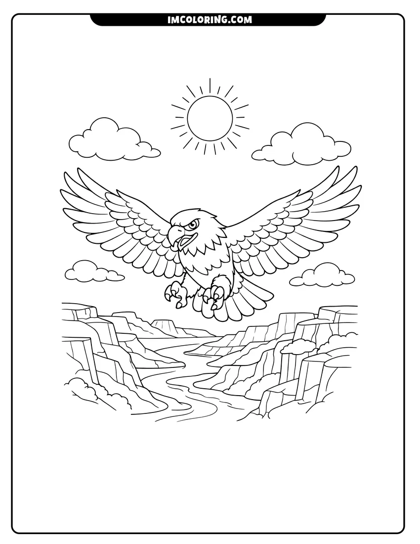 Simple sketch of Bald eagle soaring over a vast canyon for children