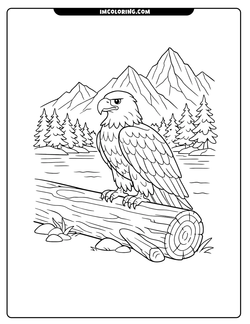 Outline of Bald eagle on a log with mountain background on a white background