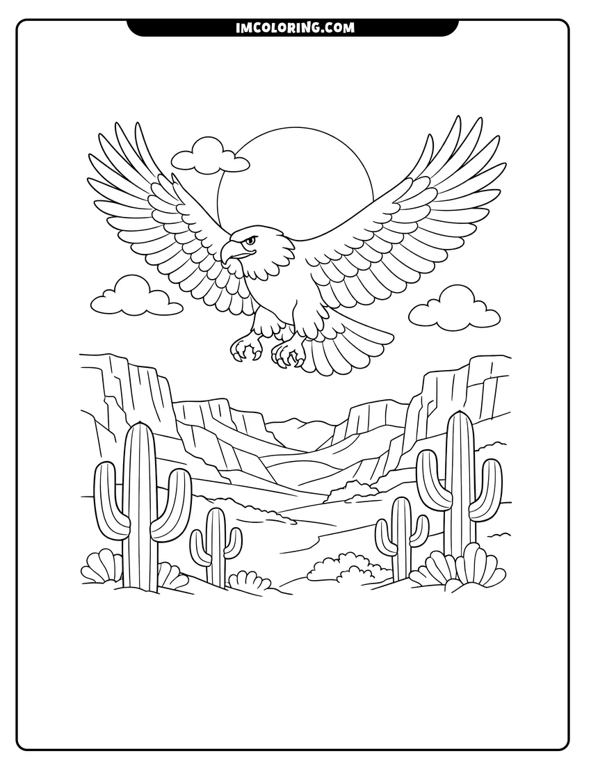 Black and white Bald eagle soaring over a desert with cacti coloring sheet