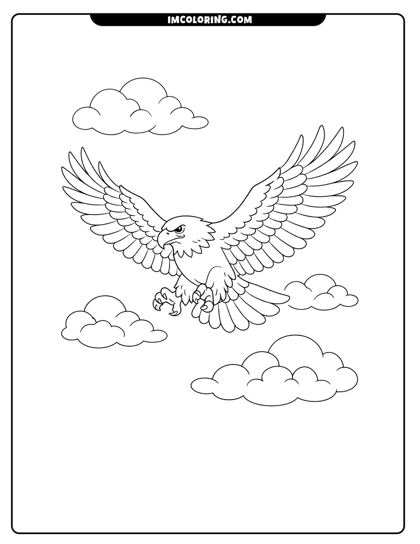 Bald eagle flying with wings spread among clouds coloring page for preschoolers