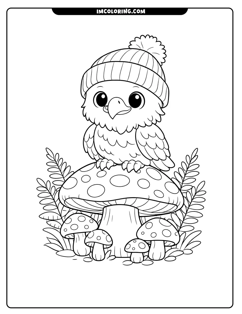 Printable Cute bald eagle wearing a beanie on a mushroom coloring activity