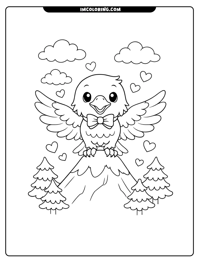 Printable coloring page featuring Cute bald eagle with a bowtie on a mountain