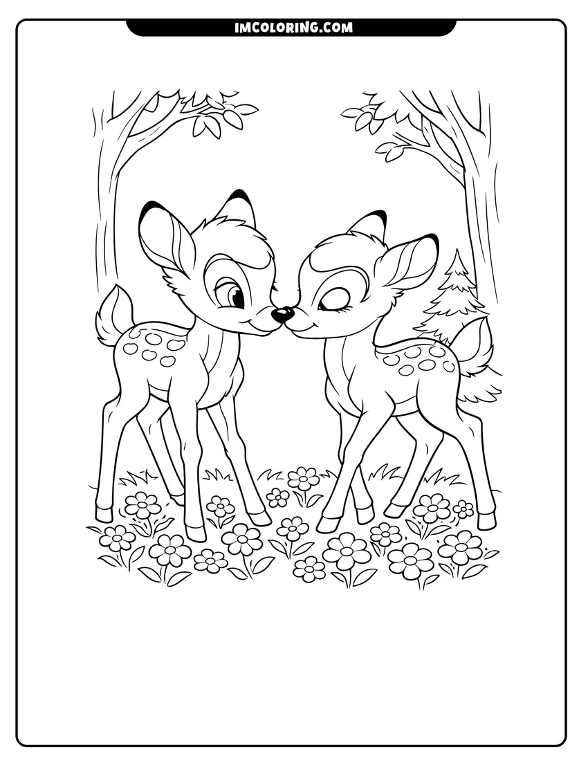 Cute Bambi and Faline touching noses in a flower field outline for coloring