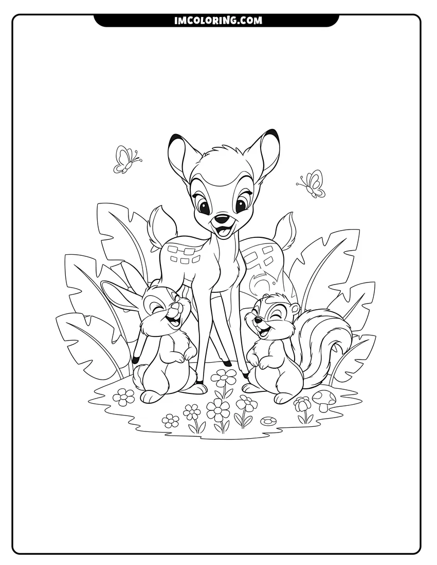 Printable outline of Smiling Bambi, Thumper, and Flower together