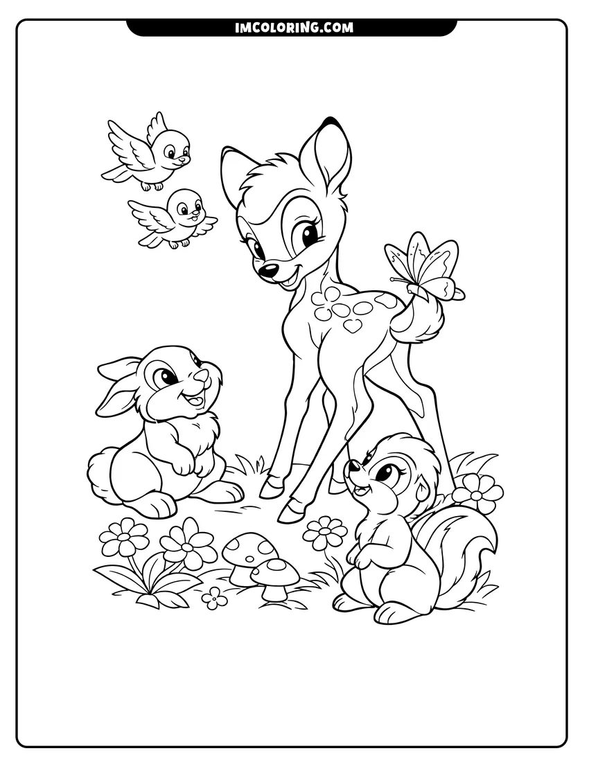 Scene showing Bambi with a butterfly on his tail and friends to color