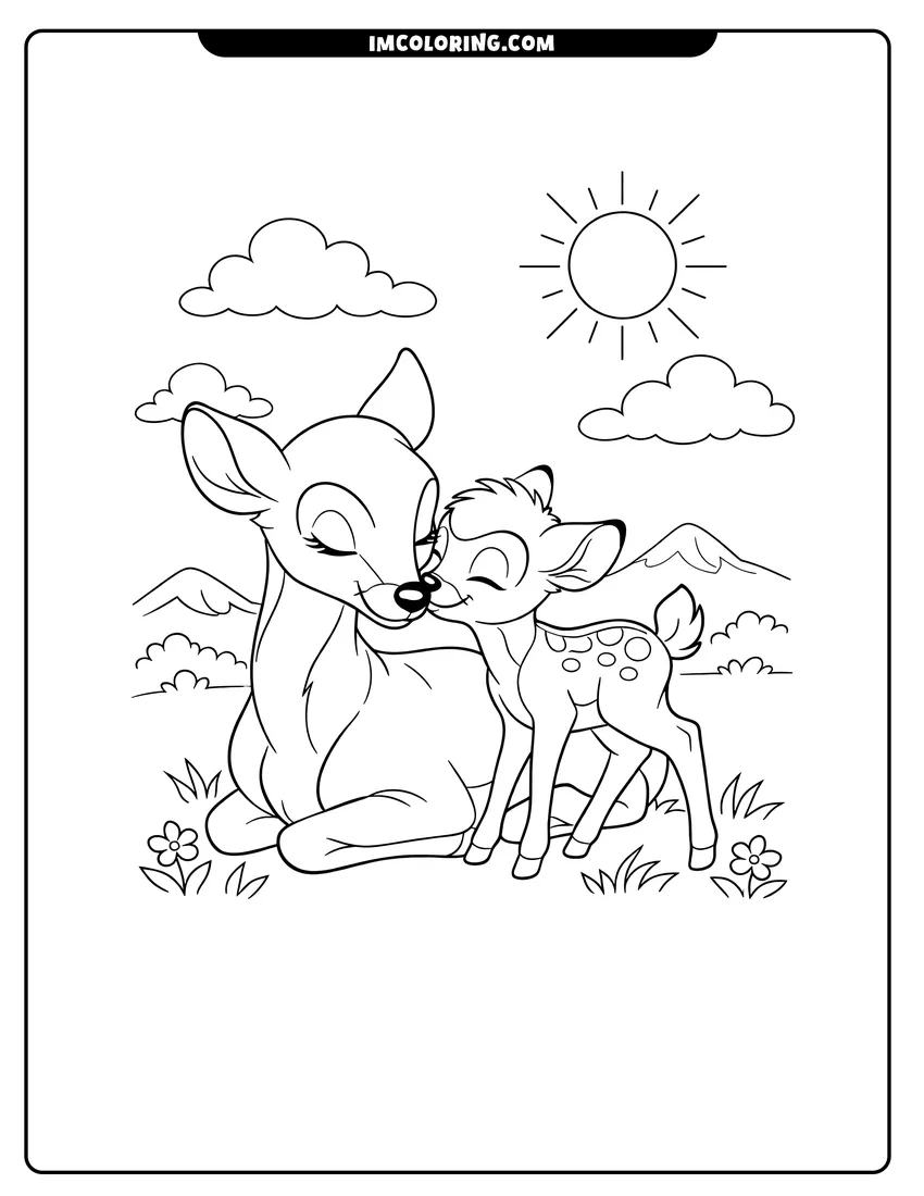 Printable coloring page featuring Bambi nuzzling his mother under the sun
