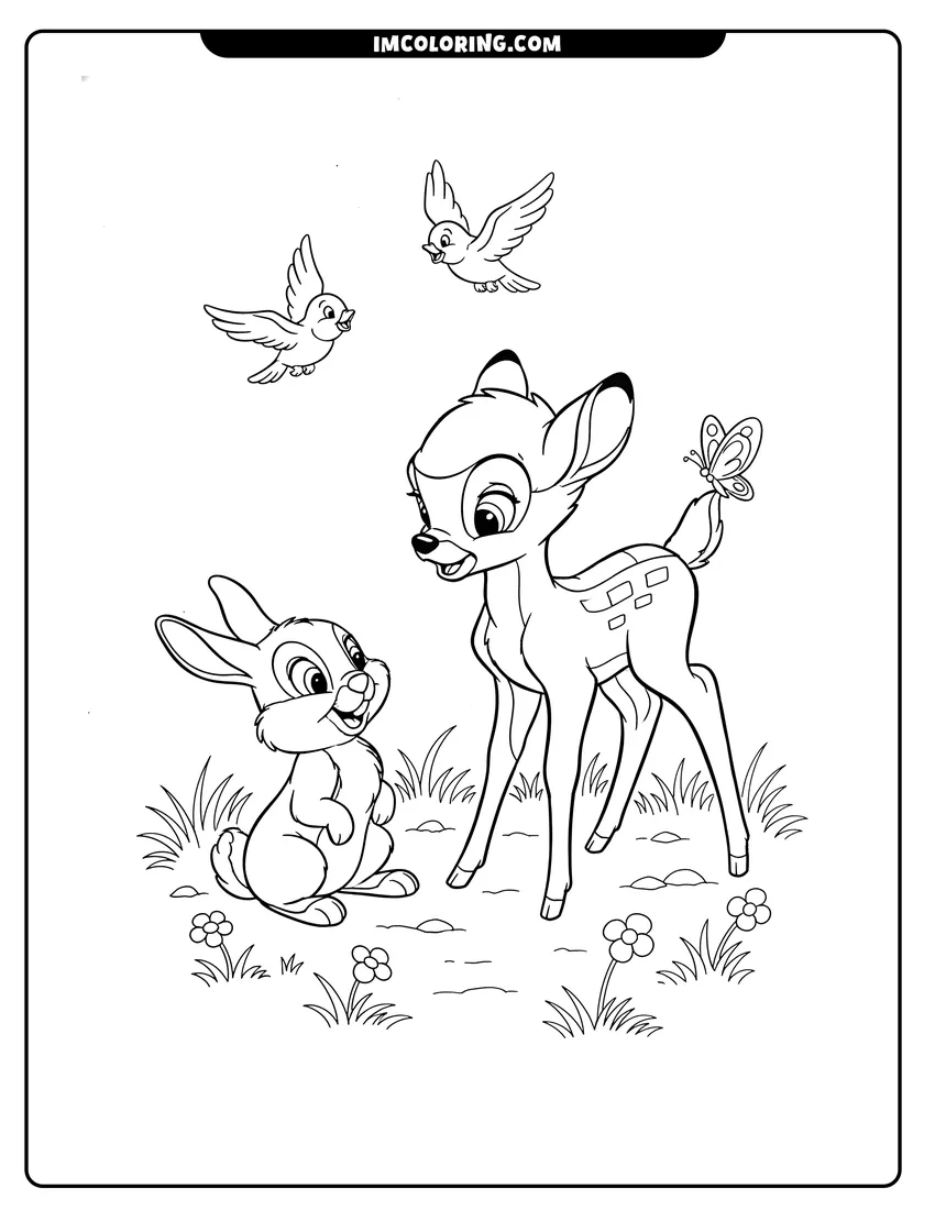 Kids activity sheet showing Bambi and Thumper playing in a forest clearing