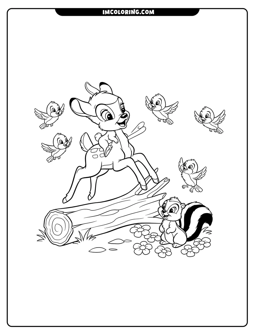 Black and white Bambi jumping over a log with Thumper and Flower coloring sheet