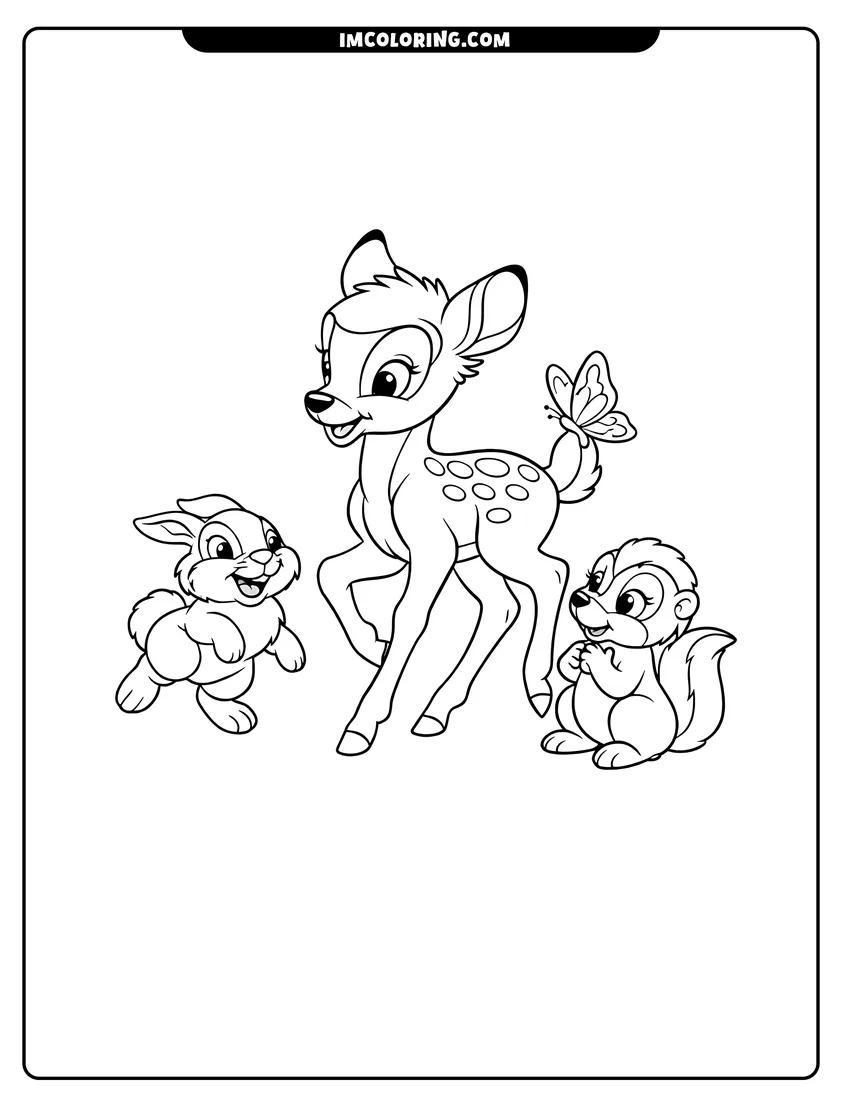 Outline of Bambi prancing with Thumper and Flower on a white background