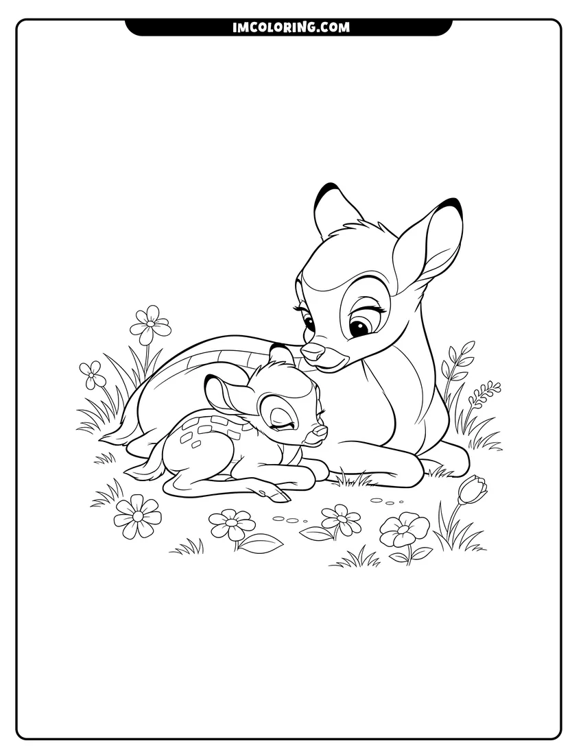 Simple line drawing of Bambi sleeping next to his mother in the grass