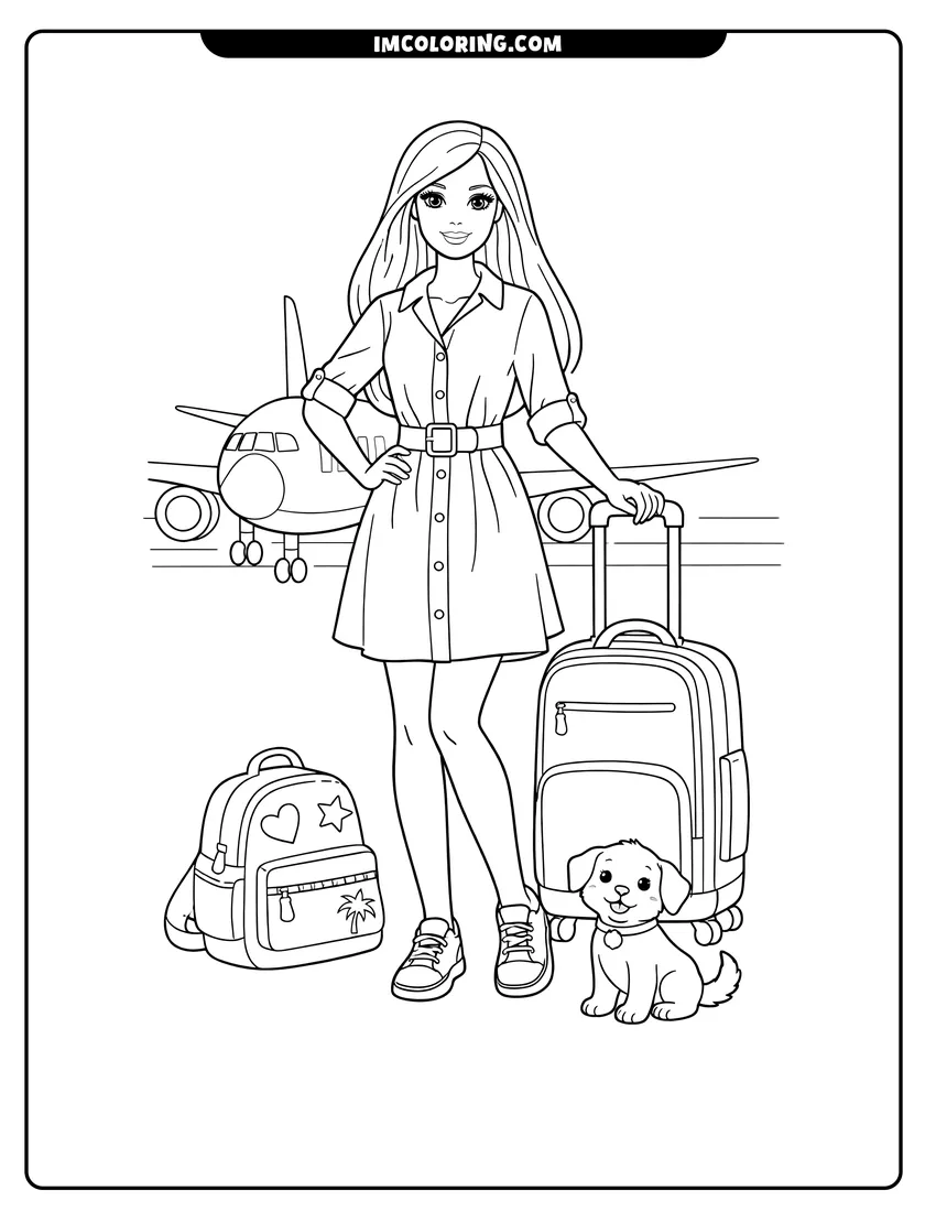 Easy-to-color Barbie standing at an airport gate with a puppy illustration