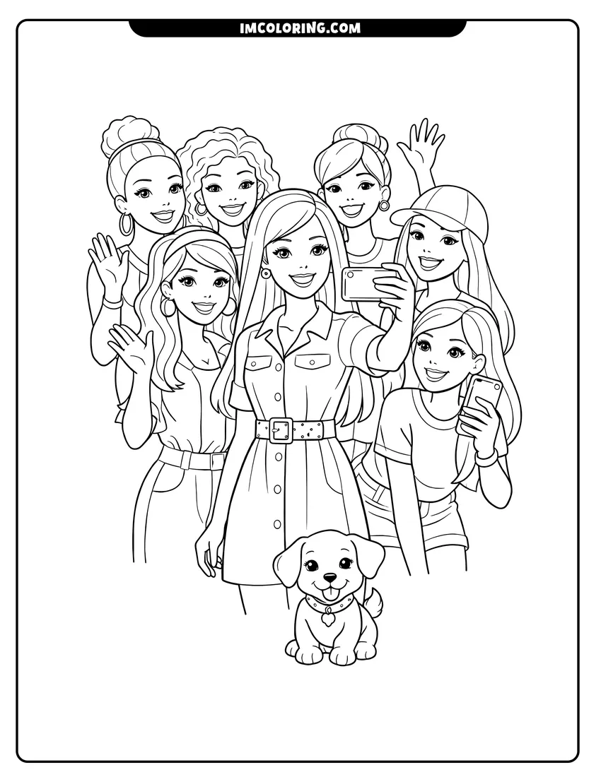 Easy-to-color Barbie and friends taking a group photo illustration