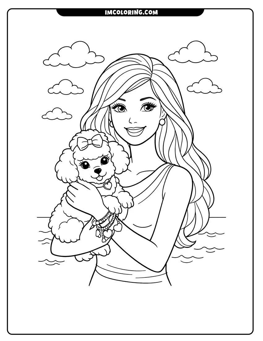 Printable Barbie holding a small poodle dog coloring activity
