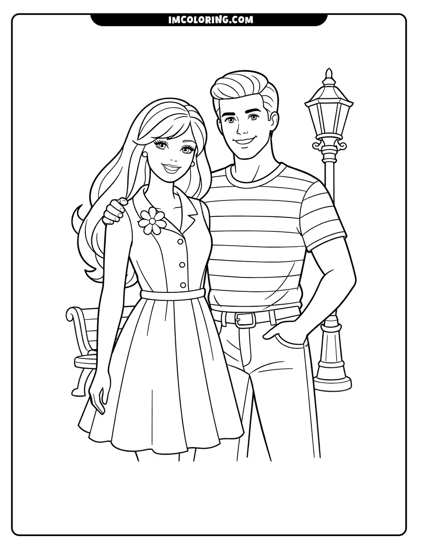 Printable coloring page featuring Barbie and Ken in a park by a bench