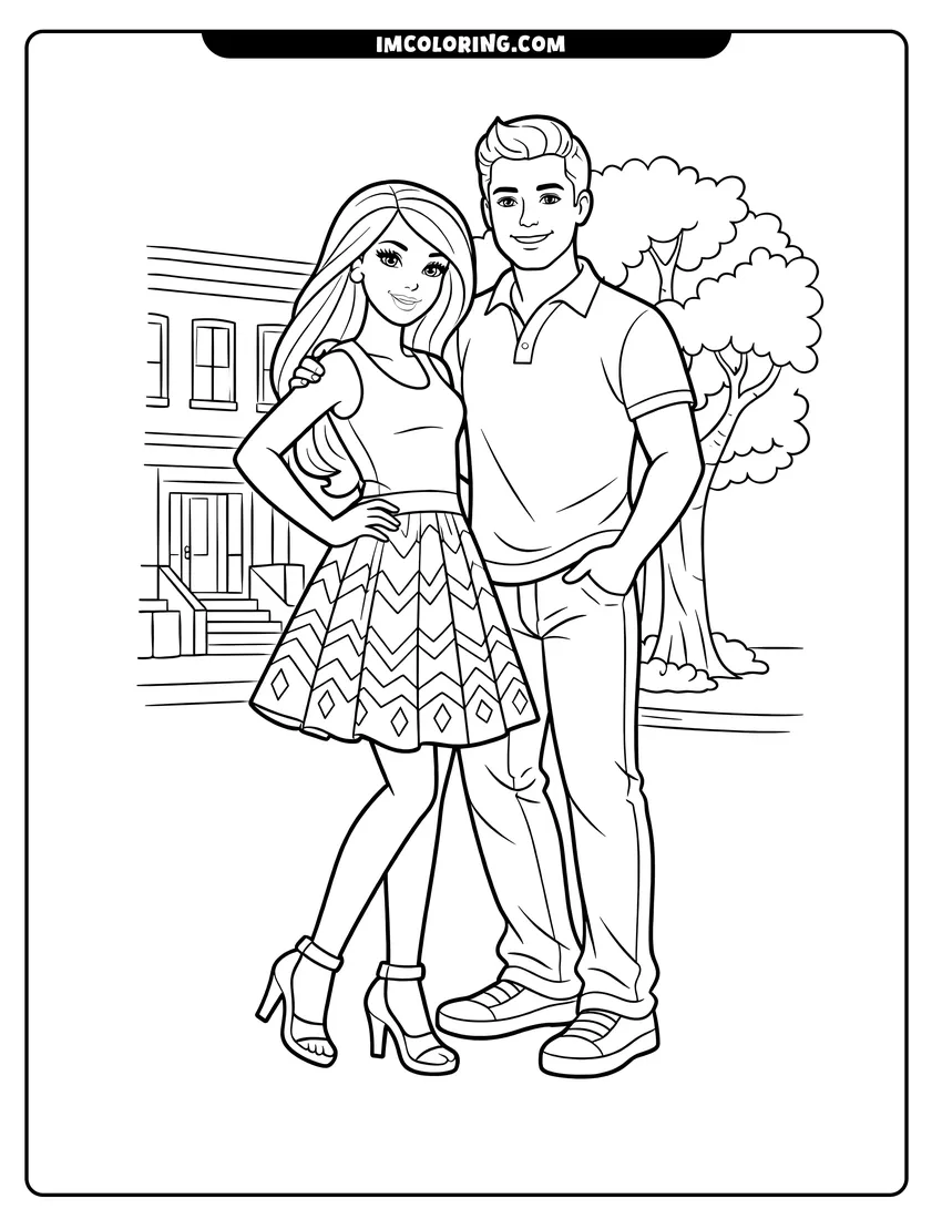 Printable Barbie and Ken posing on a city sidewalk coloring activity